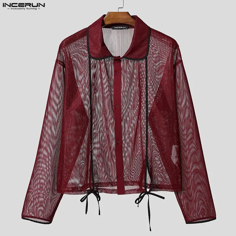 

INCERUN Men Shirt Lapel Long Sleeve Mesh Patchwork See Through Male Crop Tops Streetwear Summer Sexy 2026 Fashion Men Clothing