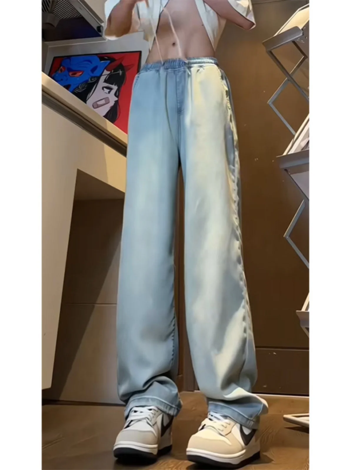 

Мужские летние тонкие джинсы American Sle Ice Silk, удлиненные, свободного прямого кроя, с высокой талией, модные, брендовые, из хлопка и полиэстера