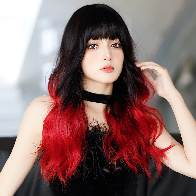 NAMM Long Wavy Ombre Black Wig for Women Daily Party Natural Synthetic Red Hair Wig with Fluffy Bangs Heat Resistant 25inch