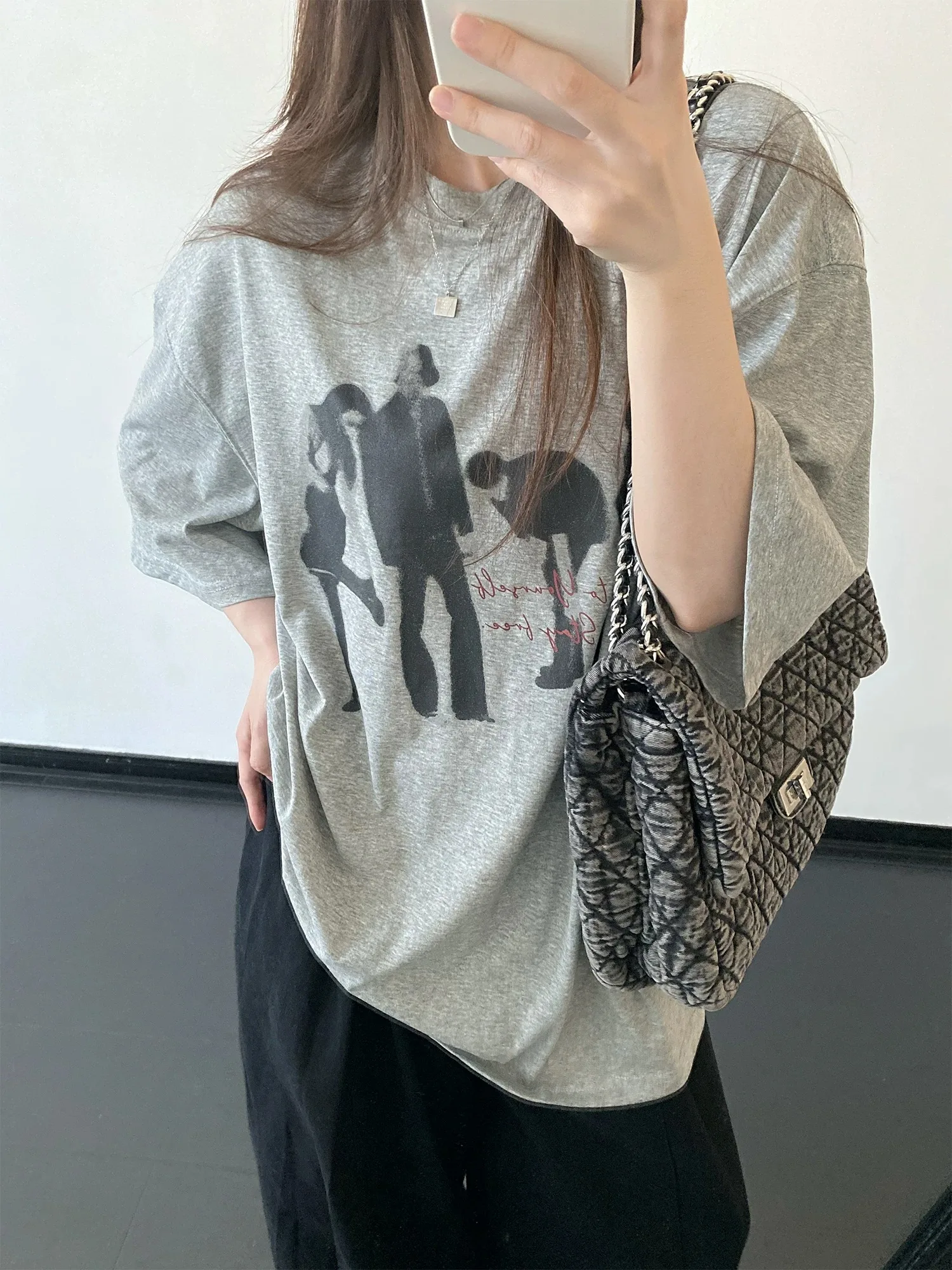 Koreanische Version Retro-Porträt-Druck Rundhals-T-Shirt in Übergröße mit Kurzen Ärmeln für Herren und Damen Sommer