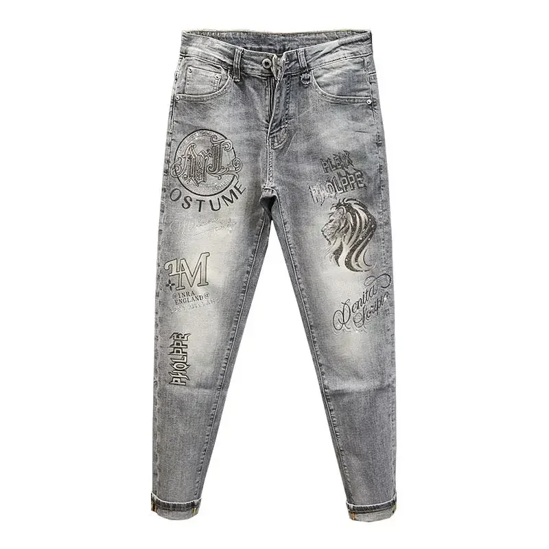 Male Cowboy Pants Gray with Print Rhinestones Cropped Trousers Graphic Jeans for Men Loose Y 2k Vintage Korean Fashion Winter Xs