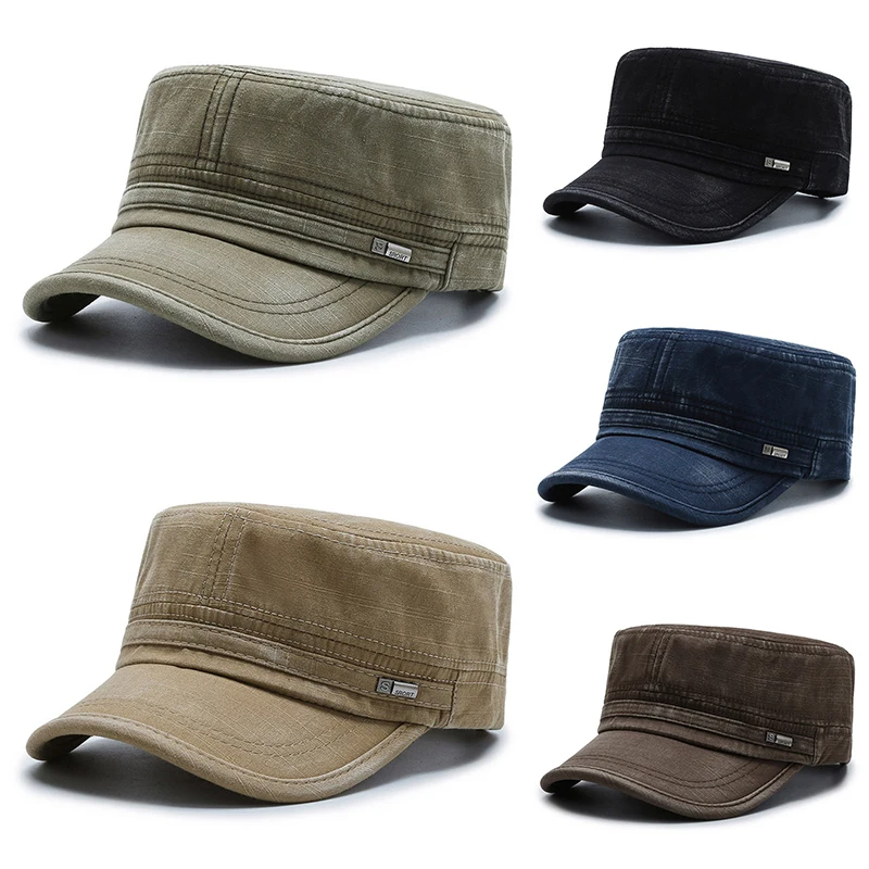 Tampão militar Mens Retro Cap Algodão Lavado Cap Flat Cap Chapéu Neutro Temperamento Elegante Simplicidade Velho Cap Vintage Universal