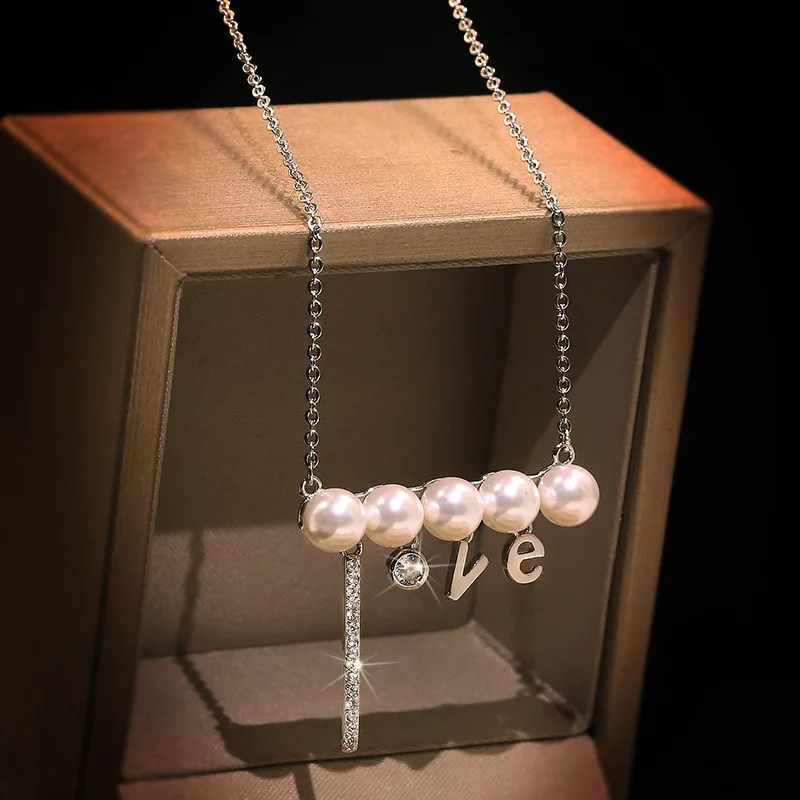 Newly LOVE Letter Pendant Single Row Pearl Necklace Women's Clavicle Chain 925 Silver Fashion Jewelry Party Birthday Gift