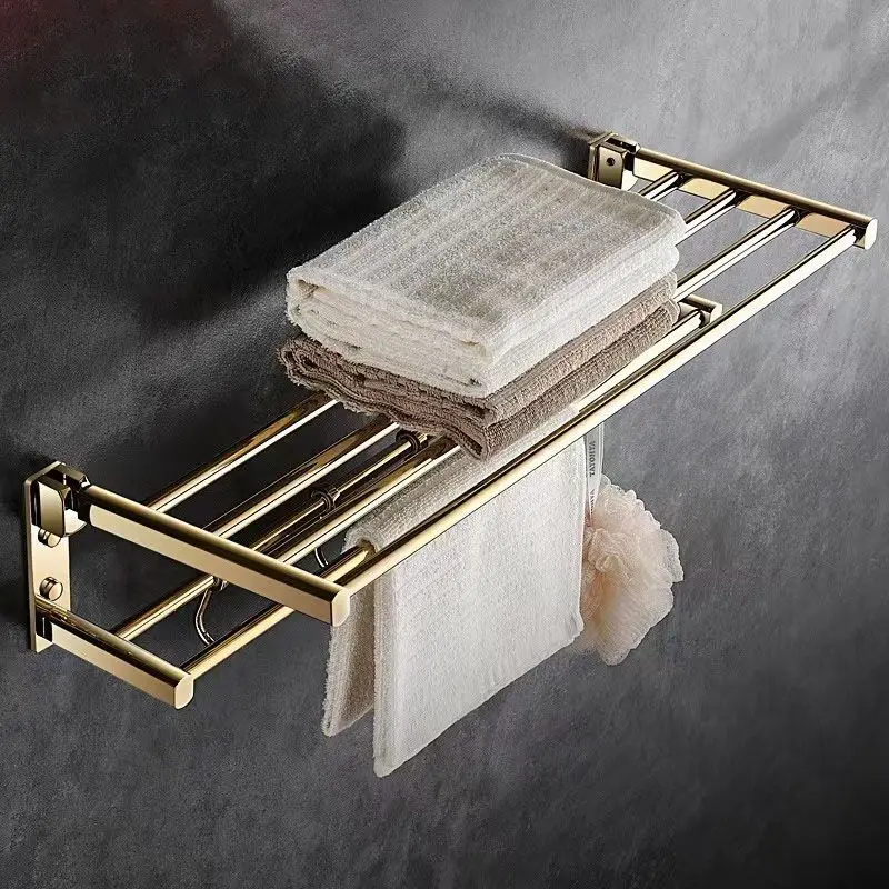 Gold-plated solid brass adjustable bath towel rack - no drilling required, foldable towel holder for home use