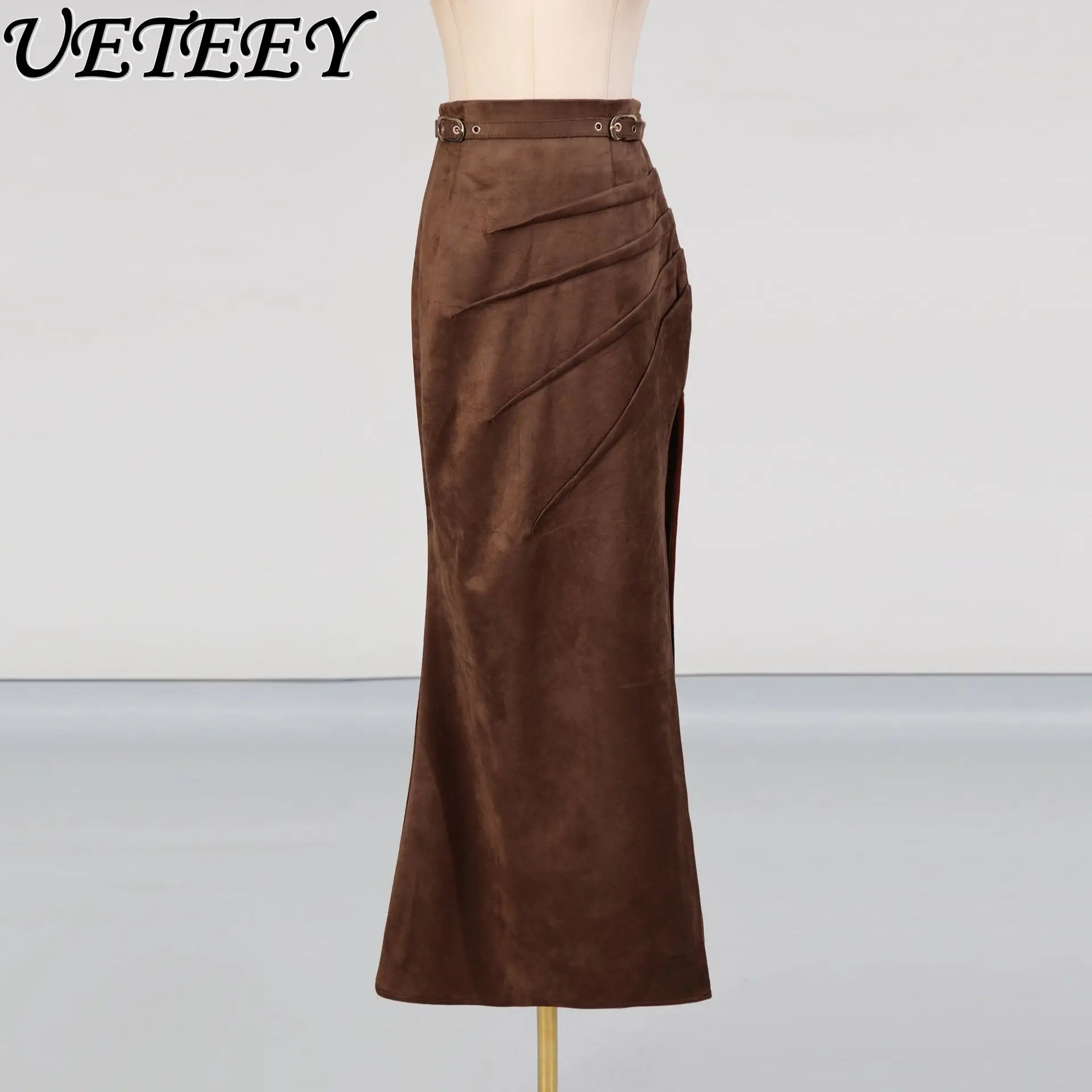 กระโปรงยาวทรงเอวสูงสไตล์ยุโรปและอเมริกา แฟชั่นสตรีท แต่งผ่าข้าง จีบระบาย ดีไซน์ผูกเชือก รุ่นใหม่ประจำฤดูร้อนปี 2025 กระโปรงมิดิทรงสวยเก๋