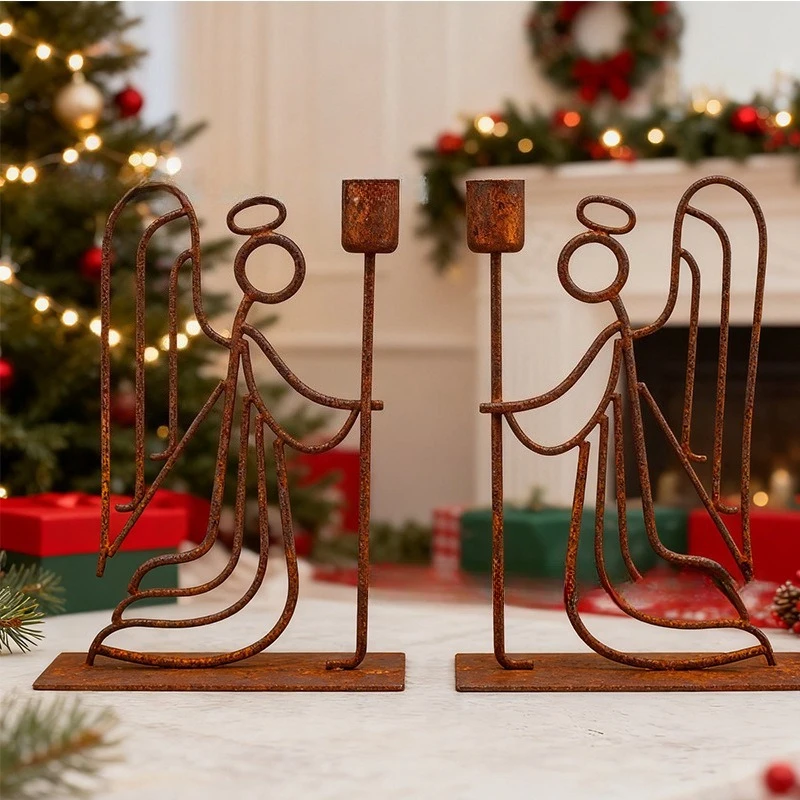 Nordic minimalist angel candle holder,wrought iron made rusty candle holder decoration,festive atmosphere decoration ornaments