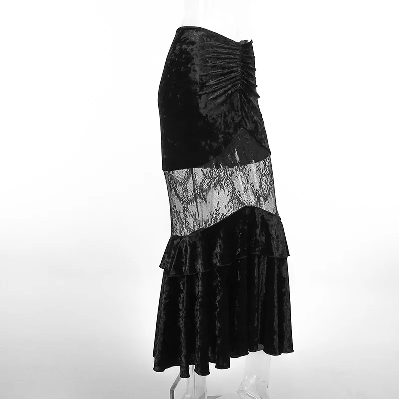 Goth Dark Ruched Vintage Gothic Aesthetic Velvet Skirts Grunge Mesh Splice Sexy Mermaid Skirt Women High Waist Elegant Partywear