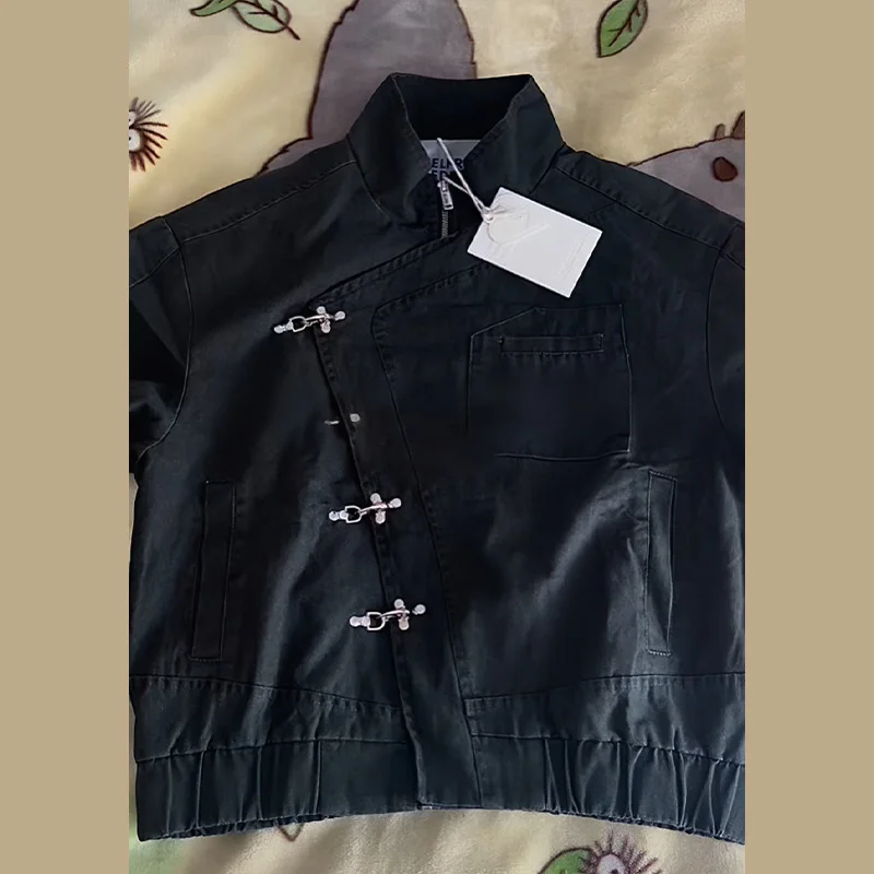 Casual Women\'s Jacket Irregular Slanted Collar Metal Button Black Coat Loose Long Sleeve Short Outwear 2025 New Autumn Lady Coat
