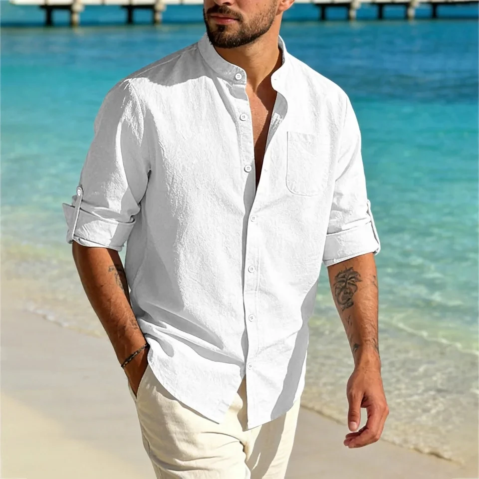 Cotton Linen Men's Long Sleeve Shirts Spring Summer Solid Color Henley Collar Casual Beach Style Shirt Hawaiian Vacation