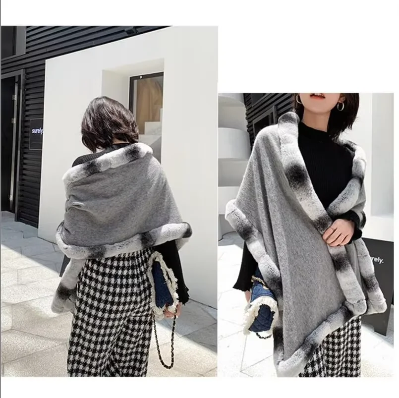Elegant 100% Wool Scarf with Genuine Rex Rabbit Fur Cape Fashion Chinchilla Color Winter Women Outdoor Shawl Party Dress Wraps