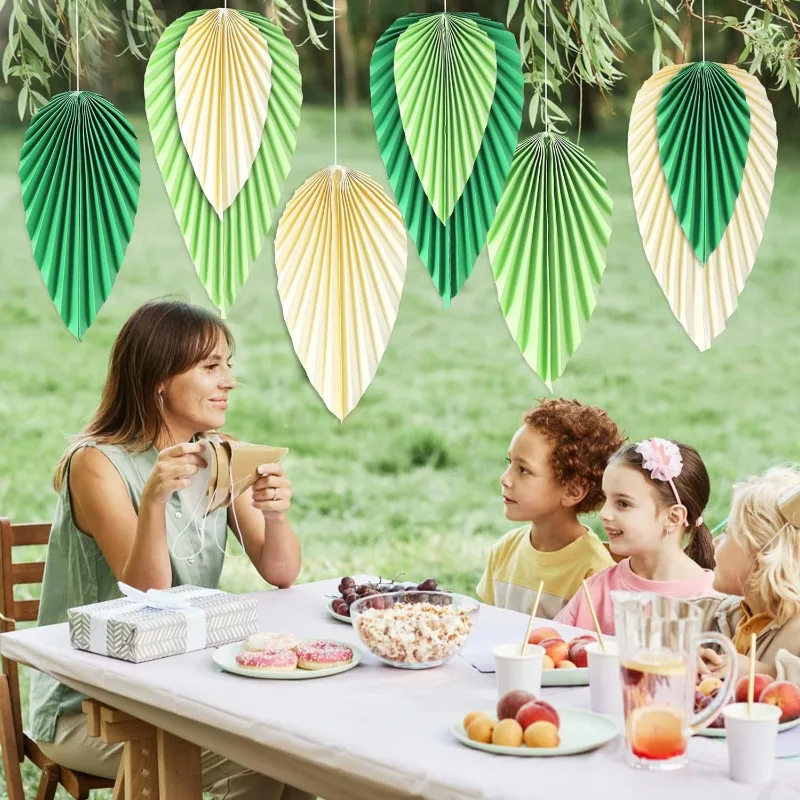 Green Beige Gold Paper Leaf Fan Flower Hanging Background Decoration for Birthday Wedding Party Classroom Wall Backdrop Supplies