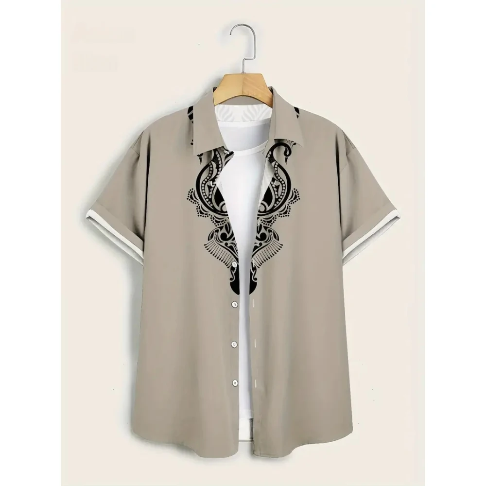 Summer Men's Tribal Totem Short Sleeve Shirt Men's Retro Fashion Oversized Button Short Sleeve T Shirt Hawaii Male Tees Tops