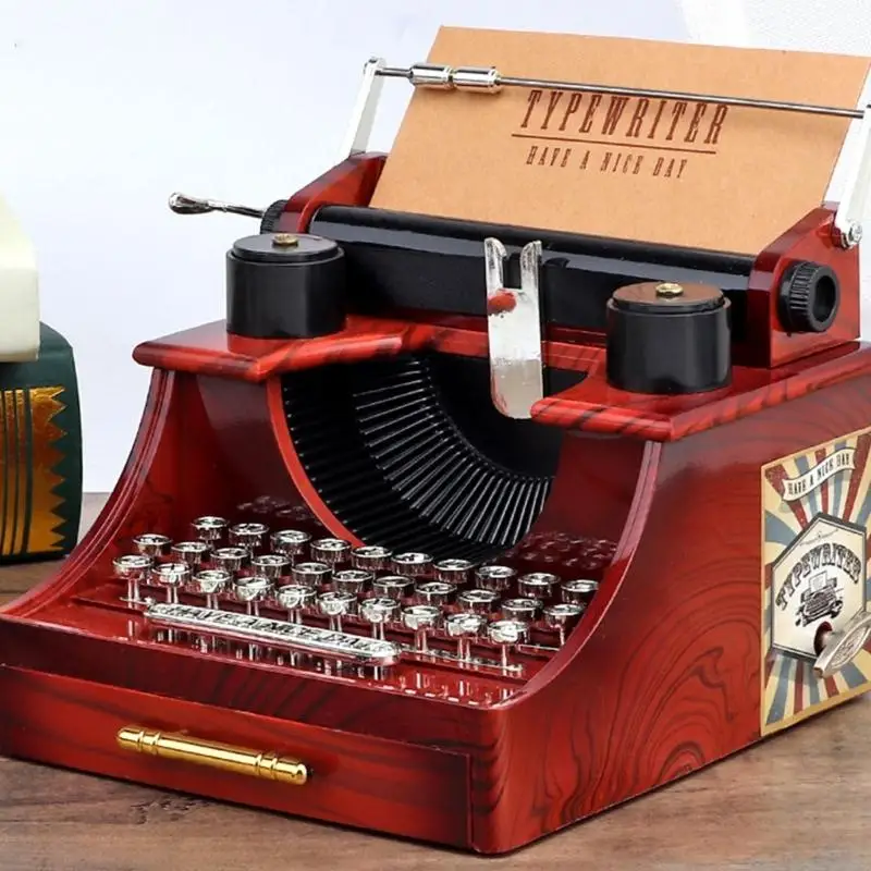 Elegant Retro Typewriter Music Box Hand Operated with Drawer Christmas Gift 