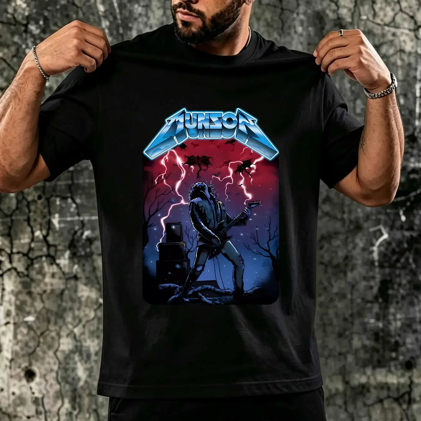 washed T Shirt Eddie Play Guitar Stranger for ST4 Fans MunSon vintage Washed Slightly Versatile graphic fashion streetwear