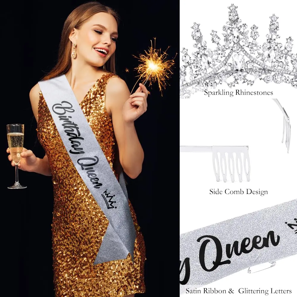 Silvery Birthday Queen Sash Tiaras Crowns for Women Girls Crystal Princess Tiara Rhinestone Headbands Quinceanera Happy Birthday