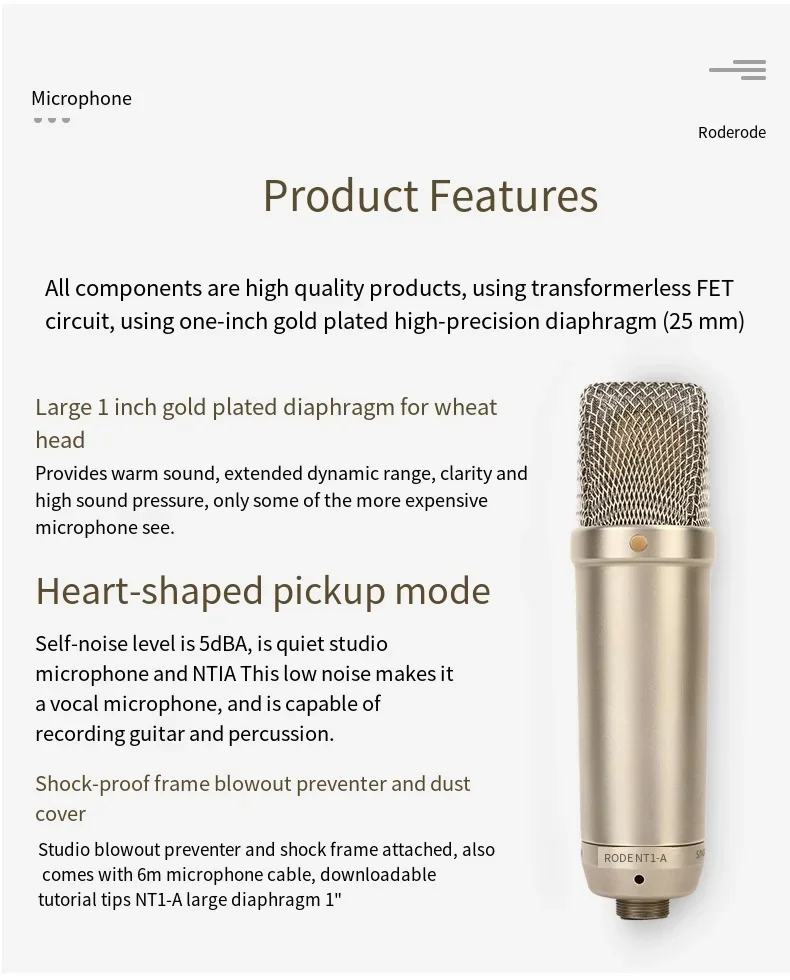 TLF RODE NT1 - 5세대 대형 다이어프램 보컬 콘덴서 마이크 전문가용 홈 라이브 K-송 마이크 레코딩 스튜디오