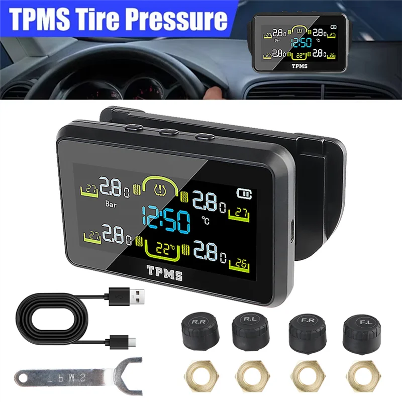 

Tire Pressure Monitoring System Solar TPMS T14-1 With 4 External Sensors–Car Tyre Pressure Monitor Temperature Warning