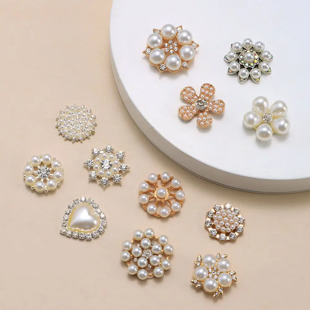 5PCS DIY Craft Hat Accessories Flower-shaped Rhinestone Buttons Pearl Button Headwear Accessories Pearl Hairpins