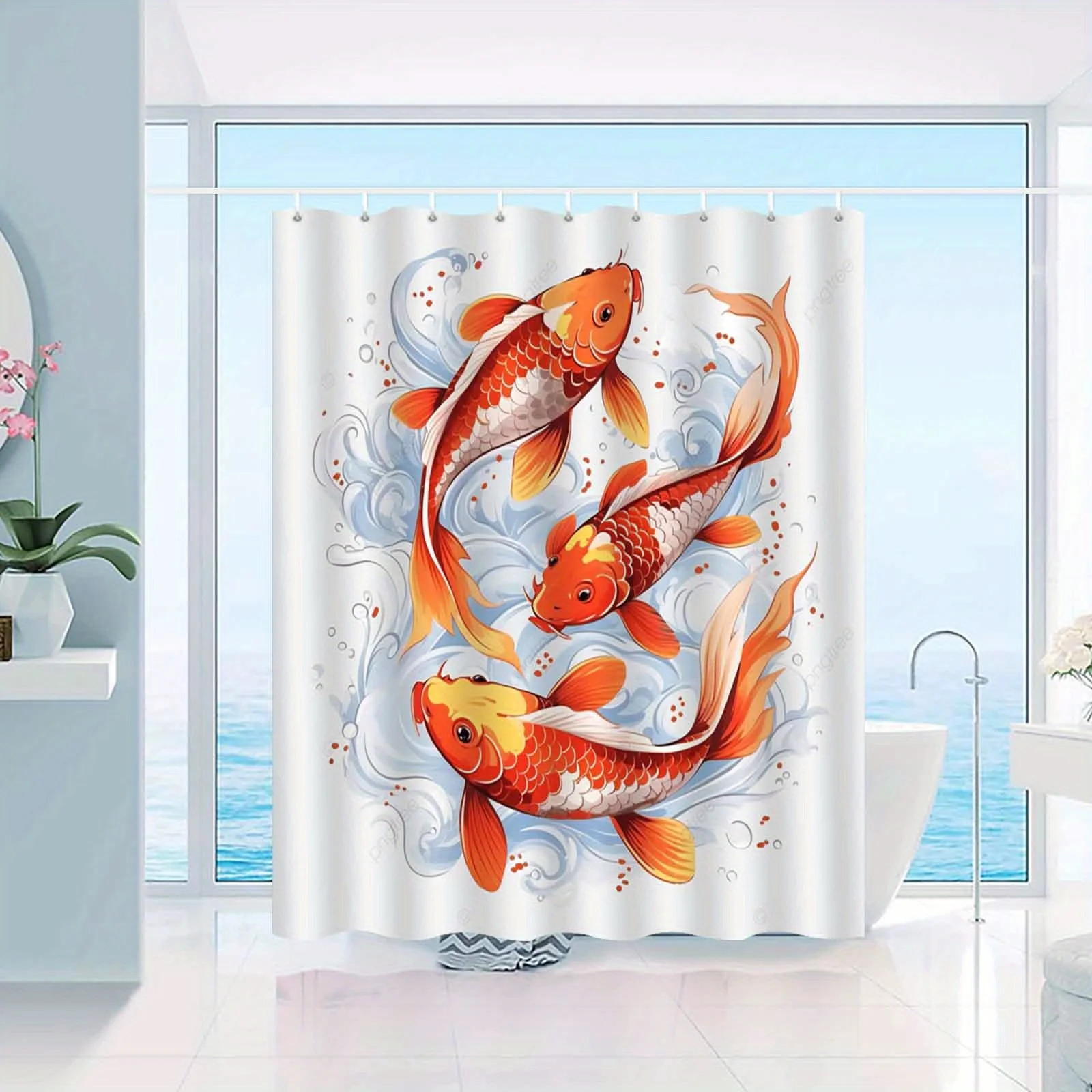 JIT1pcs Minimalist New Chinese Style Transfer Koi Goldfish Shower Curtain, High-end Elegant and Anti Fog Bathroom Curtain, Multi
