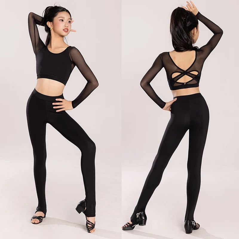 Meisjes Latin Dans Praktijk Kleding Korte Tops Zwarte Latin Dans Broek Strakke Trainingskleding Cha Cha Rumba Dansoutfits BL17734