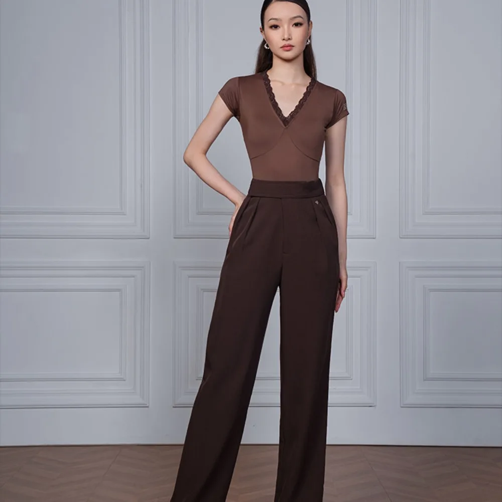 Customized TID Modern Dance Top Women's Pants V-neck Short Sleeved Practice Outfit High-end Ballroom Dance Costume