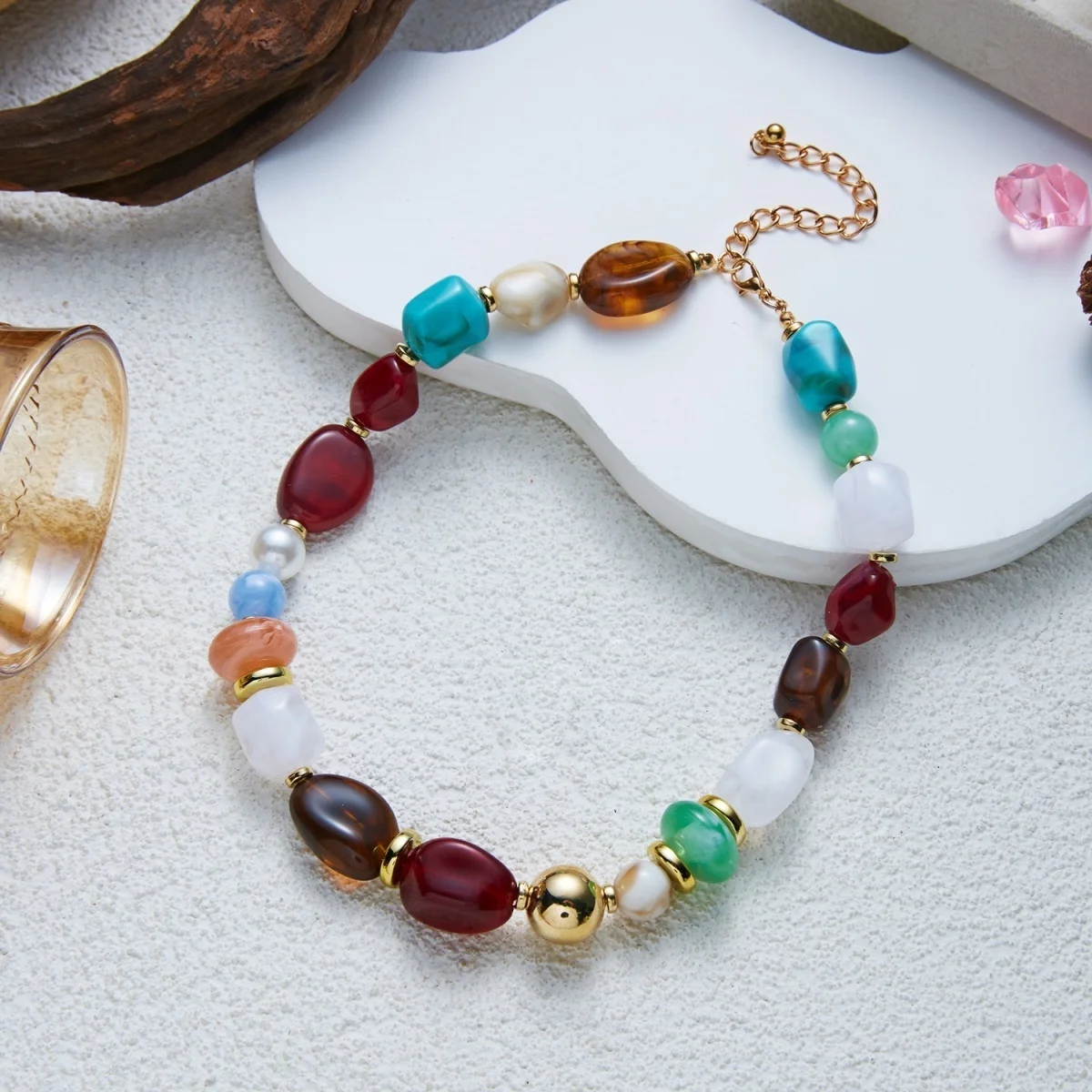 Klobige Unregelmäßige Acryl-Perlenkette für Damen und Herren, Bunte Imitations-Natursteinperlen-Halskette, Vintage-Punk-Schmuck – Detail 26