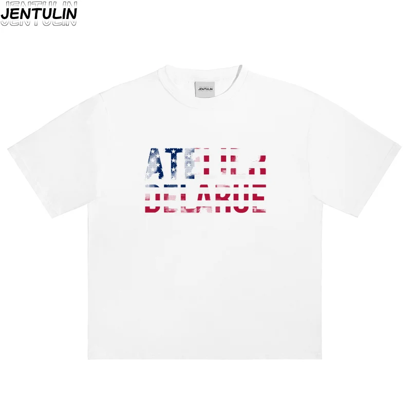 Unisex White Short sleeved T-shirt Punk Flag Granular Garbage Pattern Printed Men Clothing Korean T-shirt Autumn Women's Clothes