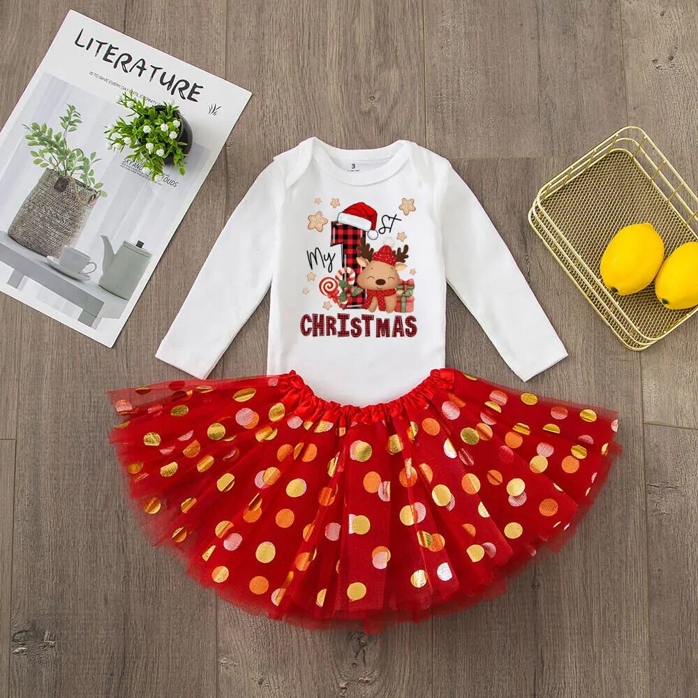 It\'s My First Christmas Baby Romper & Tutu Set Deer Print Girls Outfit Infant Baptism Bodysuit Dress Xmas Outfits Skirt 2pcs