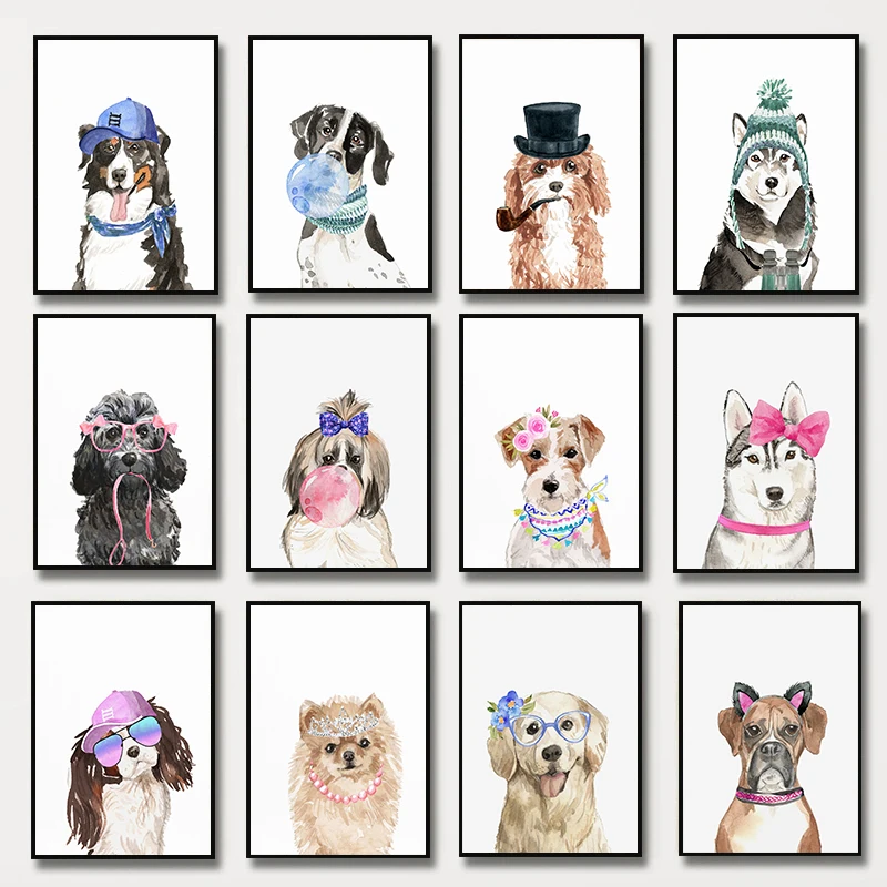 (No frame)Watercolor Cartoon Girly Bubble Dog Portrait Floral Pets Poster Cute Animal Wall Art Pictures Canvas Painting Home