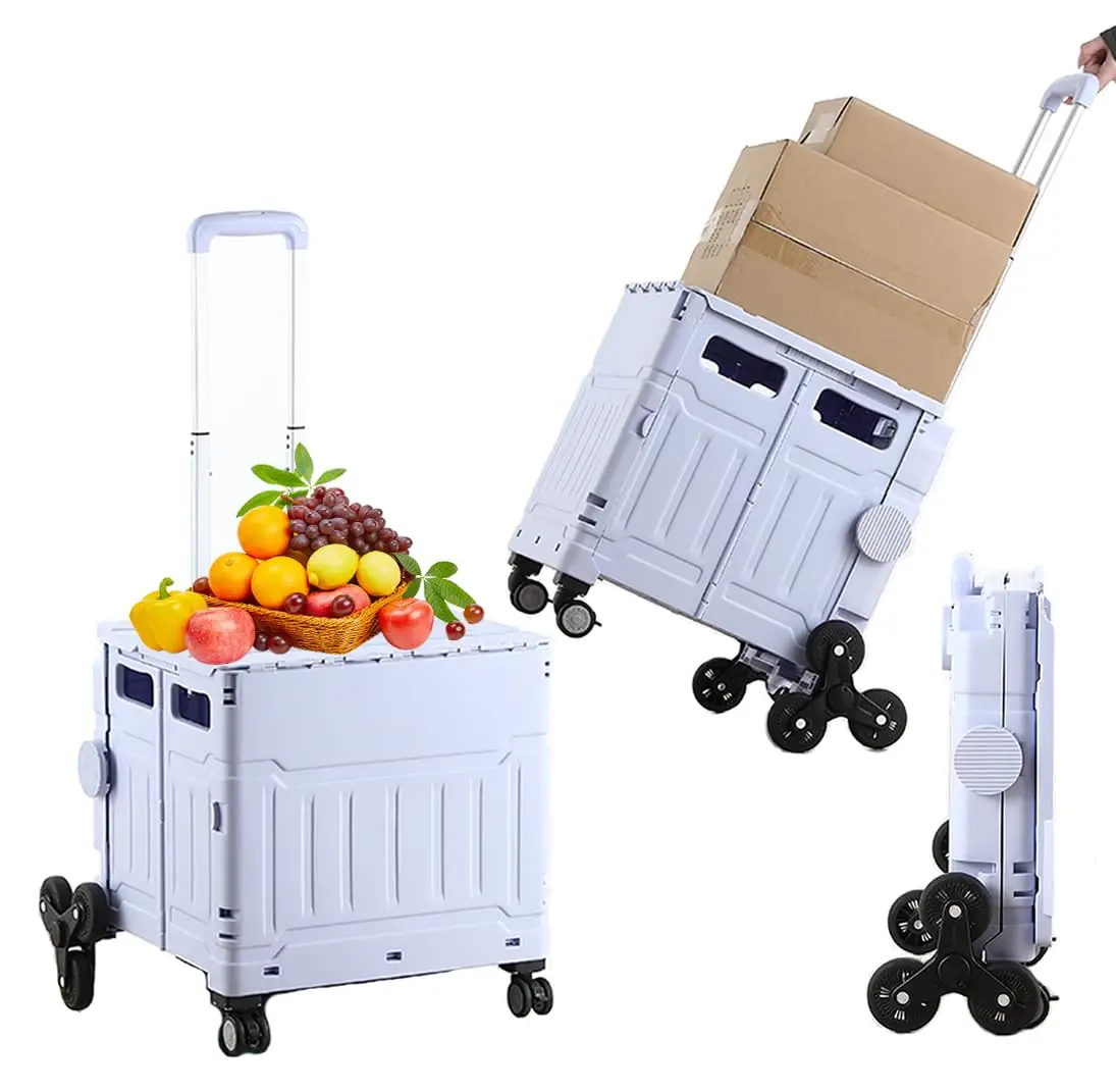 Foldable Utility Cart Folding Portable Rolling Crate Handcart Shopping Trolley Wheel Box with Lid Wear-Resistant Noiseless