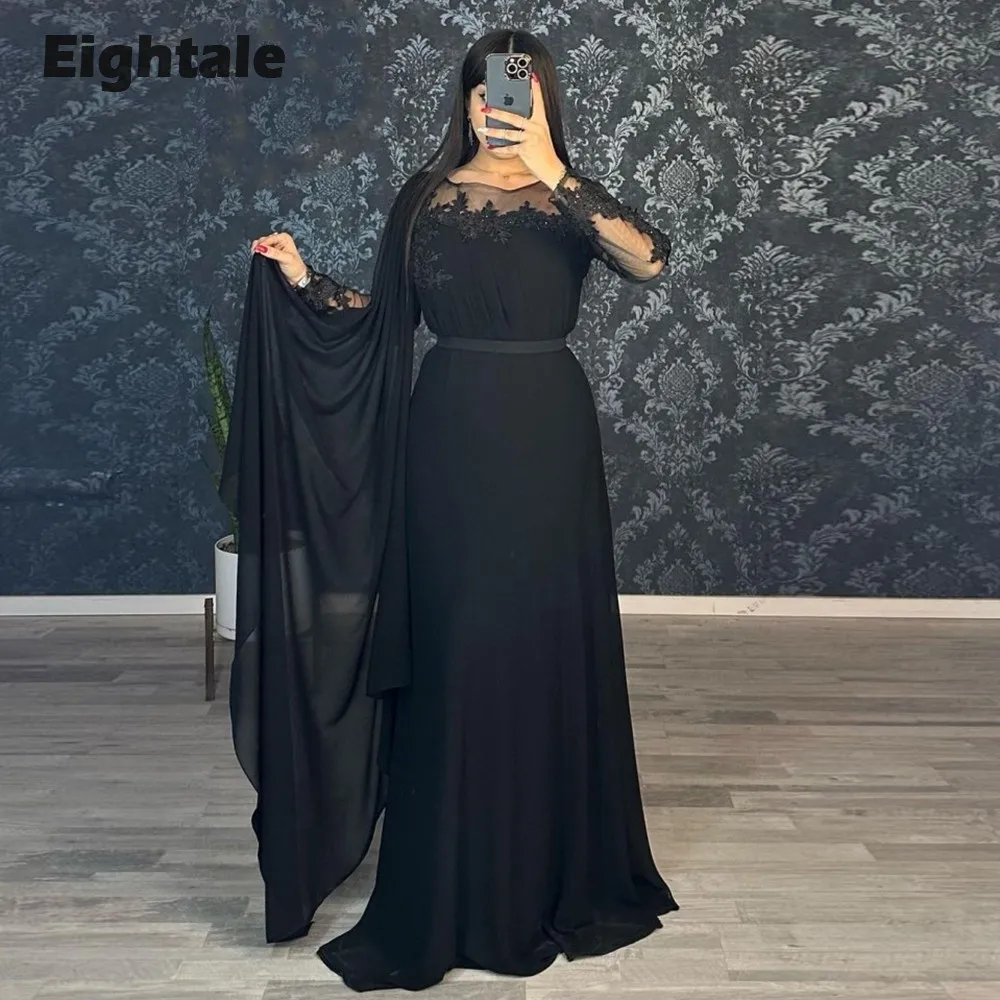 

Eightale New in Evening Dresses Chiffon Long Sleeves Appliques O-Neck Prom Party Gown Graduation vestidos festas e eventos