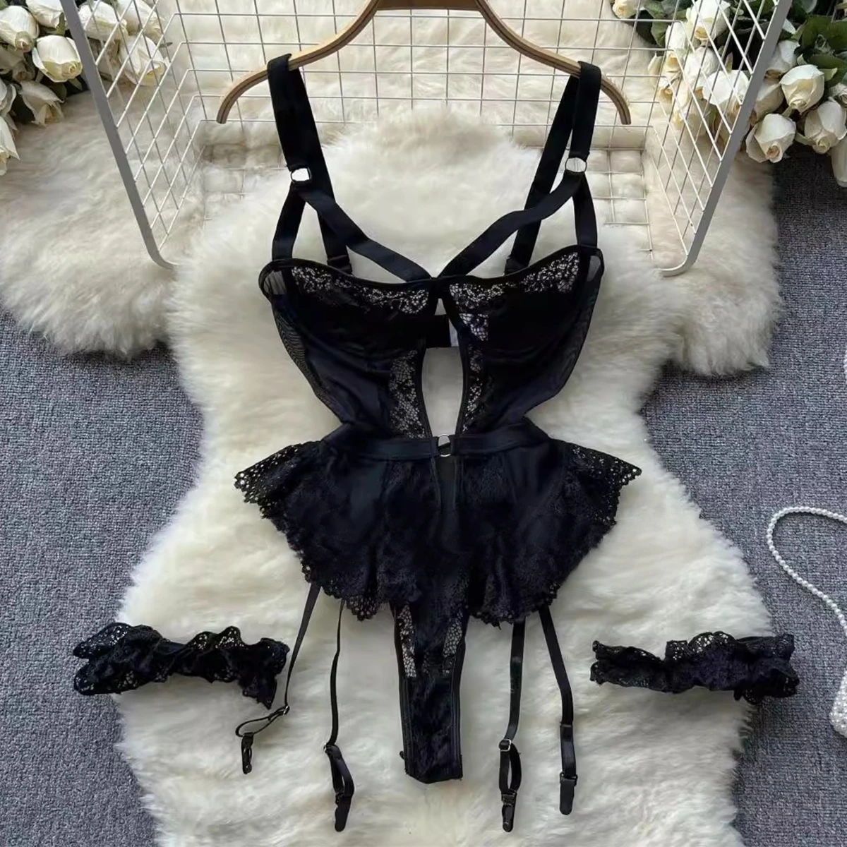 Set Lingerie Erotis Bodysuit Renda Wanita Lingerie Seksi Transparan Celana Ketat Hitam Tembus Pandang Fitness Sissy Tanpa Selangkangan Tubuh Erotis