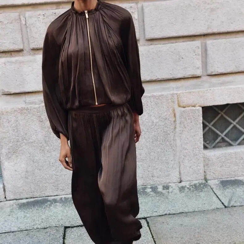 Laziness Style Satin Bubble Sleeve Pilot Jacket And Pants Women's Fashion Set High Waist Long Pants Regular Fit Spring Summer