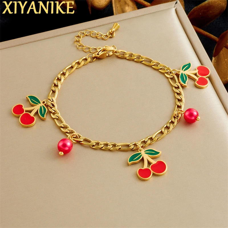 XIYANIKE 316L Stainless Red Cherry Enamel Paint Craft Charm Bracelet For Women Trendy Small Fresh Hand Chain Party Jewelry Gifts