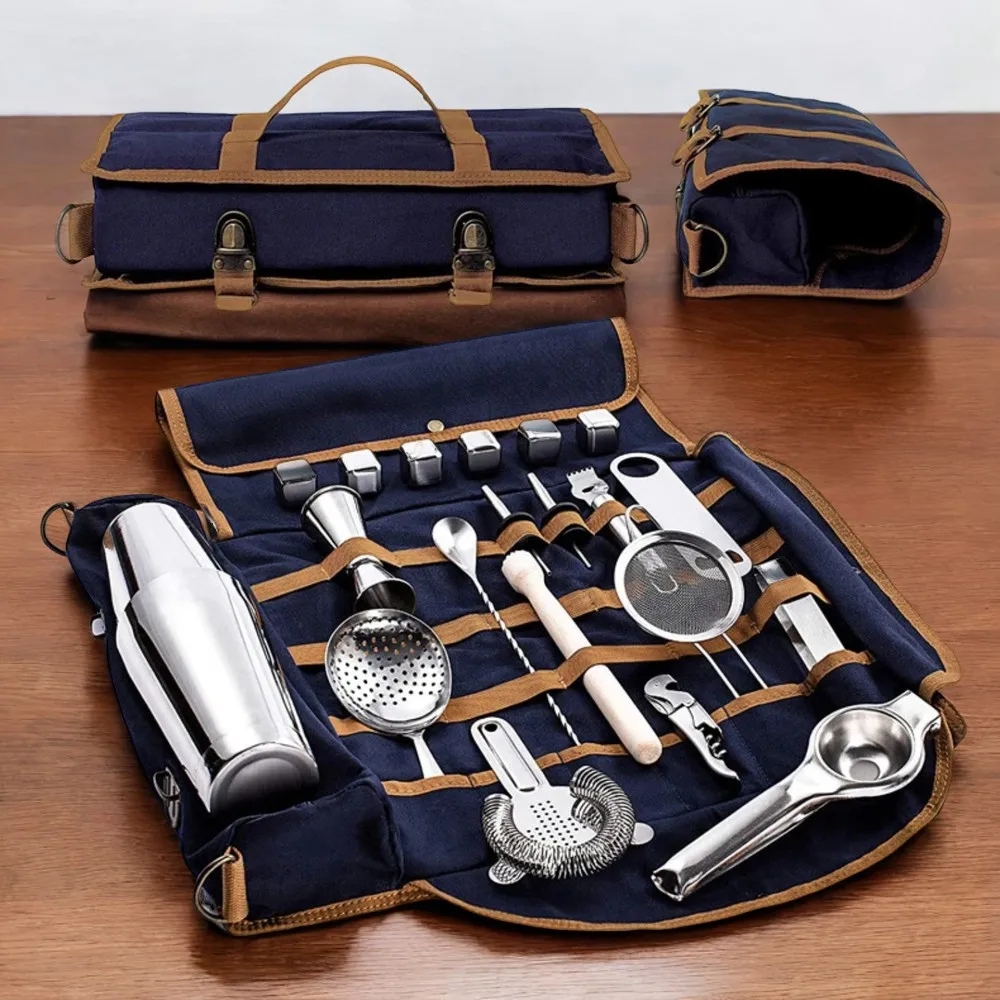 Professional Bartender Portable Multifunctional Canvas Tool Bag Cocktail Mixer Set With Cocktail Shaker and Wine Accessories Buc