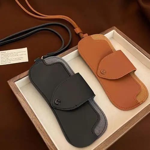 Imagen 2 del producto Funda protectora para gafas de cuero de doble cara PU, portátil, de cuero, con Clip para espejo, para el cuello, antipérdida