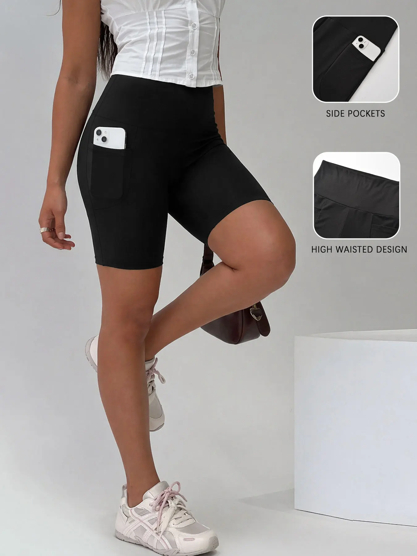 Damen Biker-Shorts mit Taschen, hoher Bund, superweich, blickdicht, Bauchkontrolle, für Laufen und Yoga – Detail 14