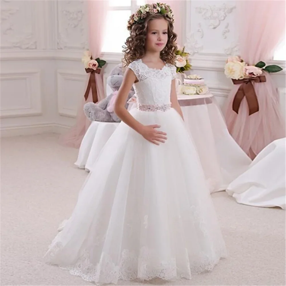 Vestidos de princesa de flores para niña, Apliques de encaje transparente sin mangas, vestido de baile de graduación, vestido de tul hinchado sin espalda, ropa de cumpleaños para niños