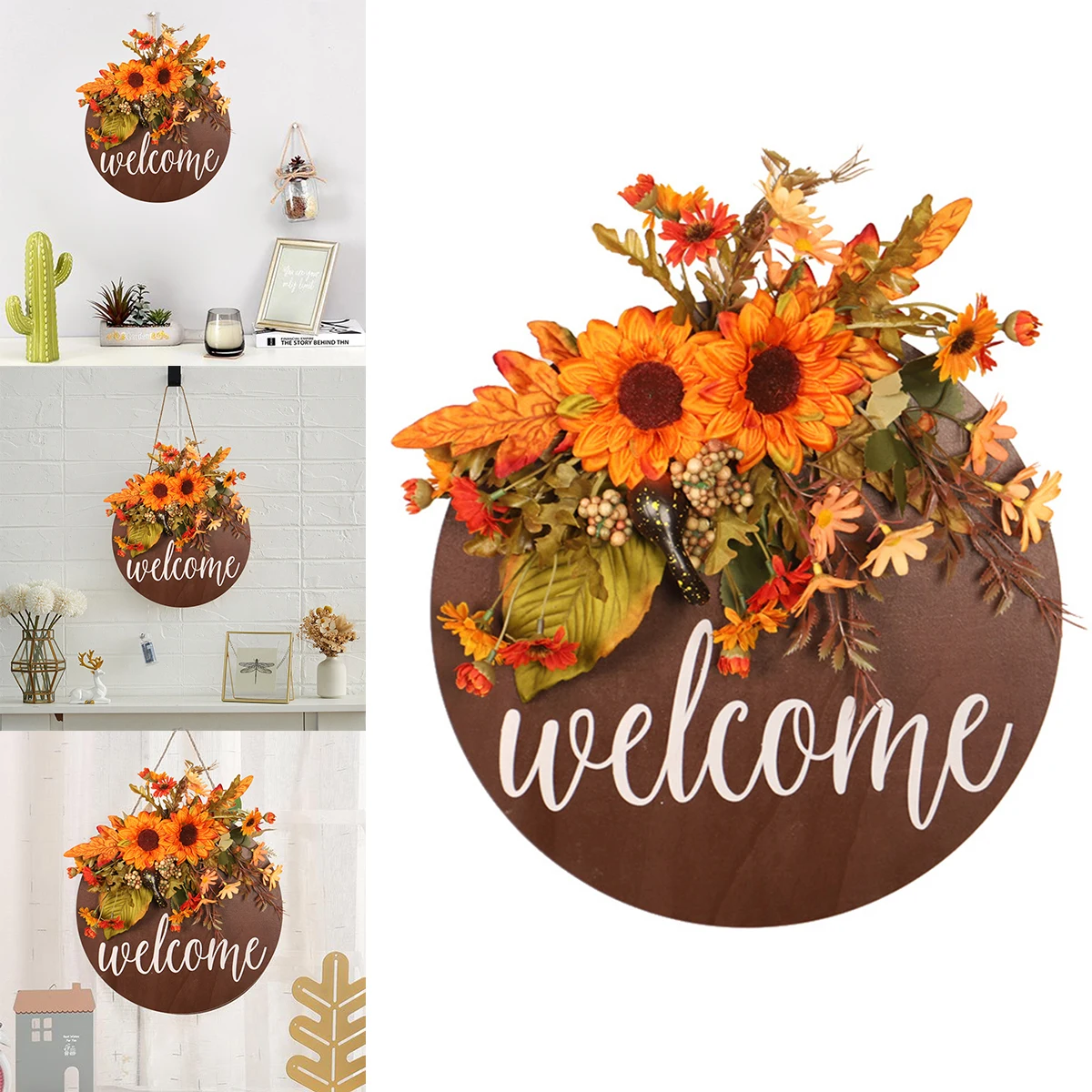 

1Pcs Welcome Sign for Front Door, Decor for Farmhouse Porch, Rustic Welcome Wreaths with Stapled Greenery