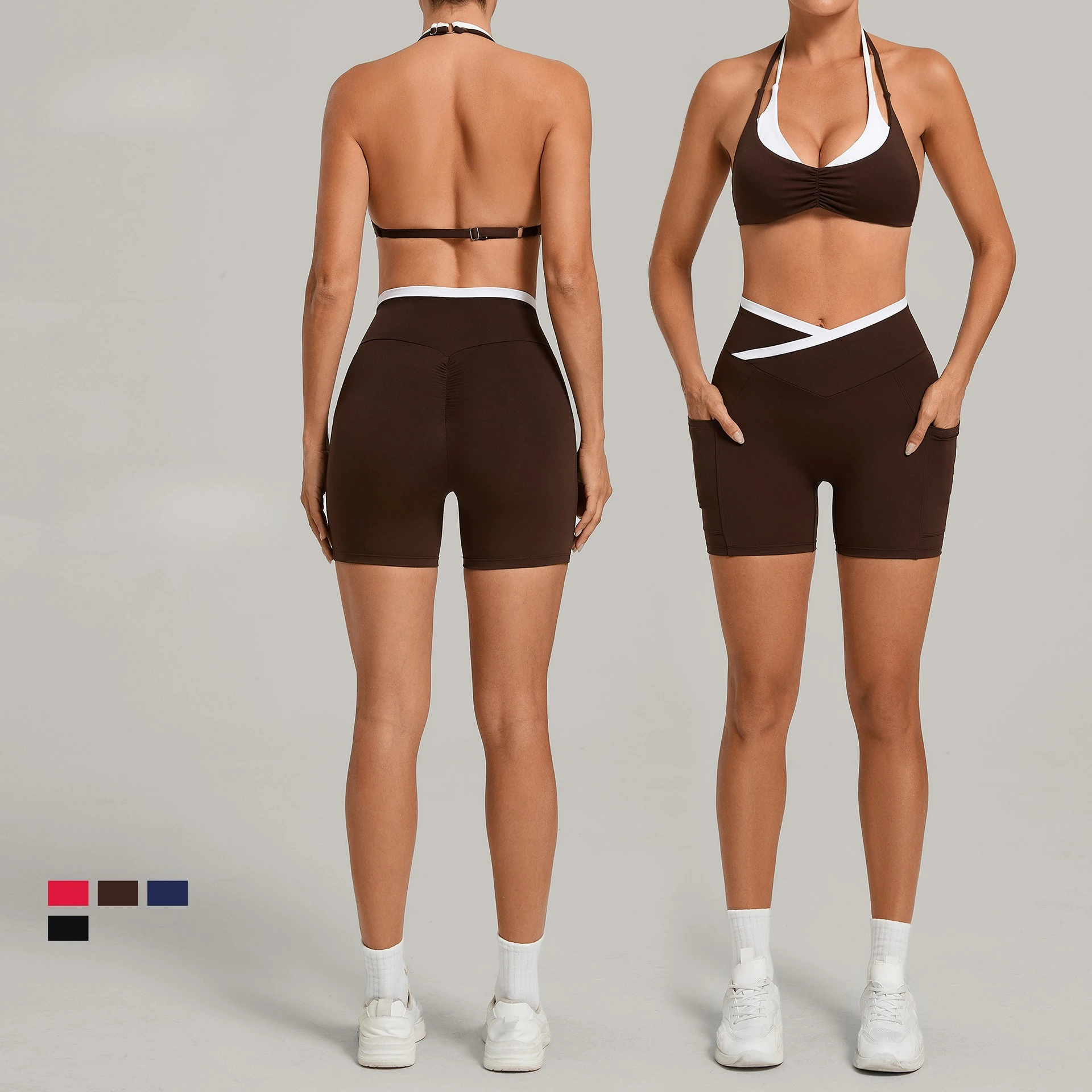 2ピースヨガトレーニングスーツ（ポケット付き）女性用ジムウェアセクシーバックレスクロスハイウエストスクランチショーツセットフィットネススポーツウェア用