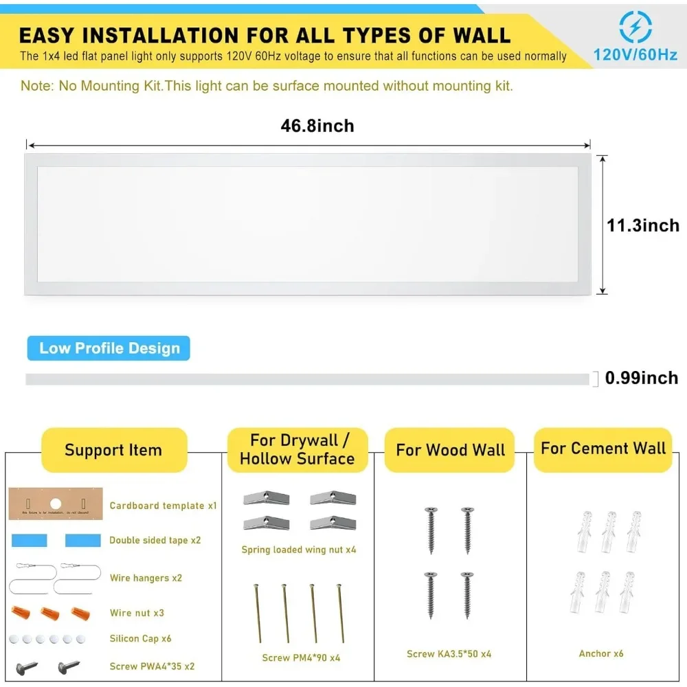 LED-flatpaneelverlichting, opbouwmontage, LED-plafondlamp, 5500LM, 50W, TRIAC 10-100% dimbaar, 3000, 4000, 5000K, 48 inch, 1x4