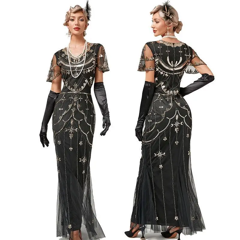 Vestido borla lantejoulas com conjunto de acessórios, banquete elegante, Gatsby grande, festa noturna, década de 1920