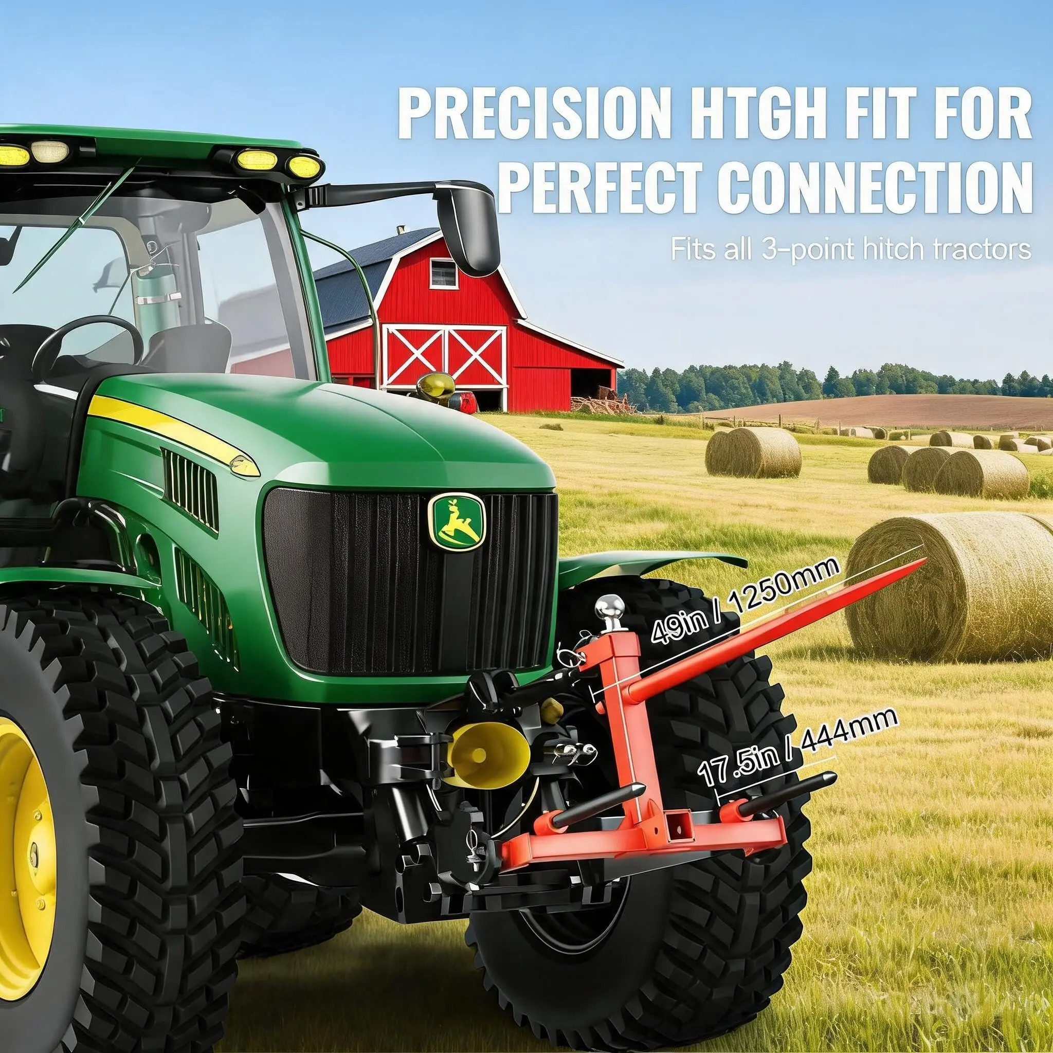 49 Inch Hay Spear Bale Spears 1600 LBS Loading Capacity Three-Point Hitch Tractor Attachment With 2 Pieces 17.5 Inch Stabilizer Spears Quick Attach Spike Forks