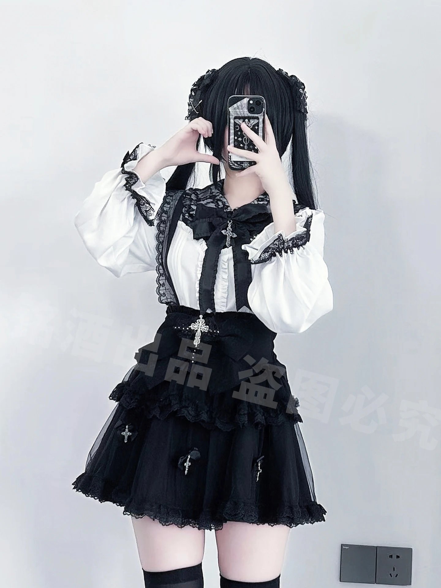 Subculture Gothic Long Sleeve Shirt+Strap Skirt 2-Piece Set Original Japanese Mine Mass-Produced  Lolita Top and Skirt Outfits