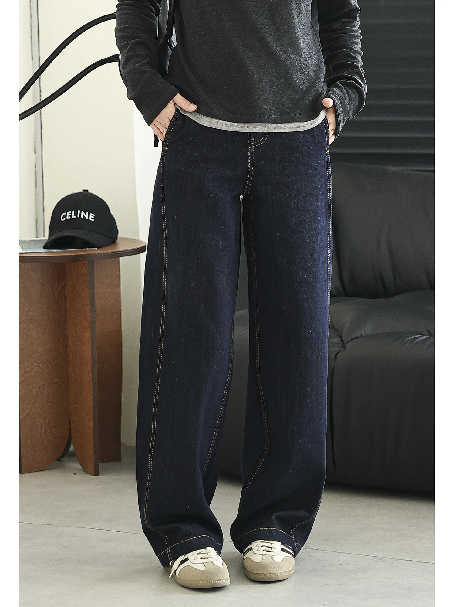 

Ретро джинсы с высокой талией и широкими штанинами, устойчивые к выцветанию, повседневные, свободного кроя, прямые, женские, осенняя новинка, корейская версия