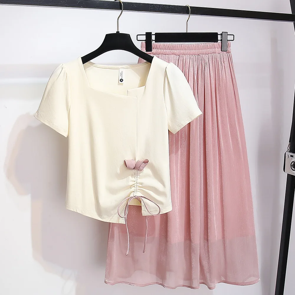 

2025 New Summer Women's Short sleeved+Women's Mesh Half length Skirt, Summer Women's 2-piece Set