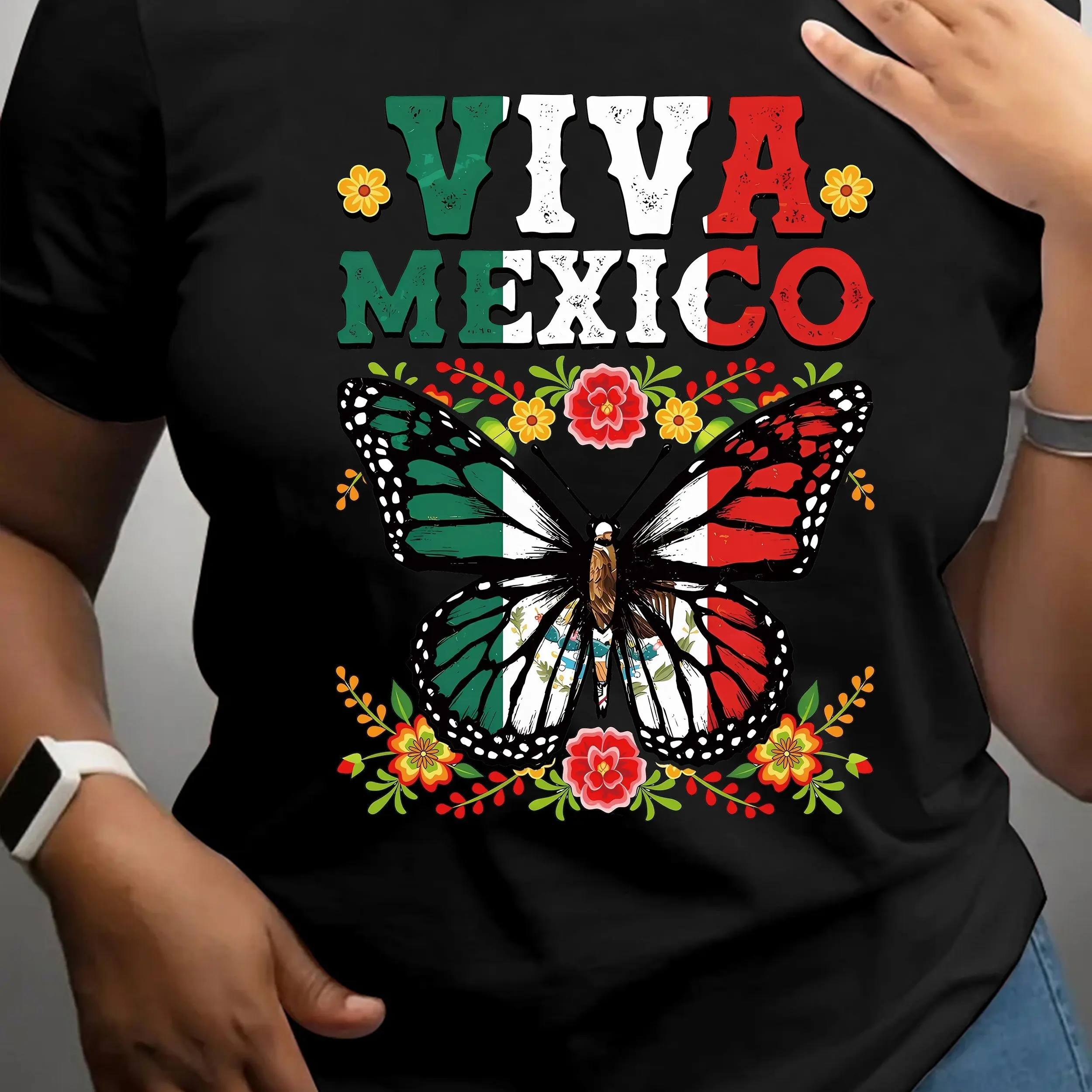 Vibrant Mexico Flag Butterfly Print Short Sleeve Crew Neck T-shirt - Casual Summer & Spring Top - Women\'s Fashion Clothing