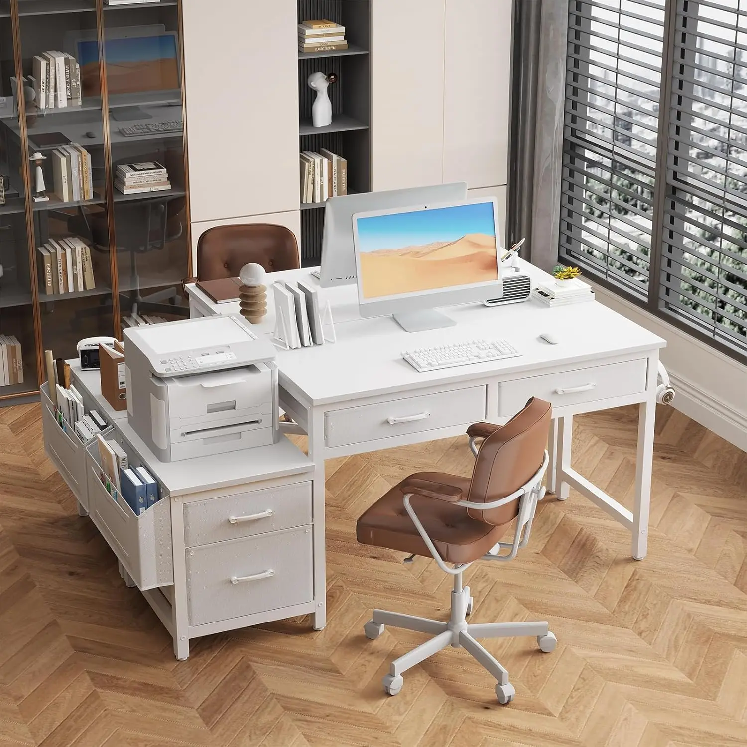 White Computer Desk with Fabric File Drawers Cabinet, 57 Inch Home Office Desks with Reversible Filing Cabinet Printer Stand for