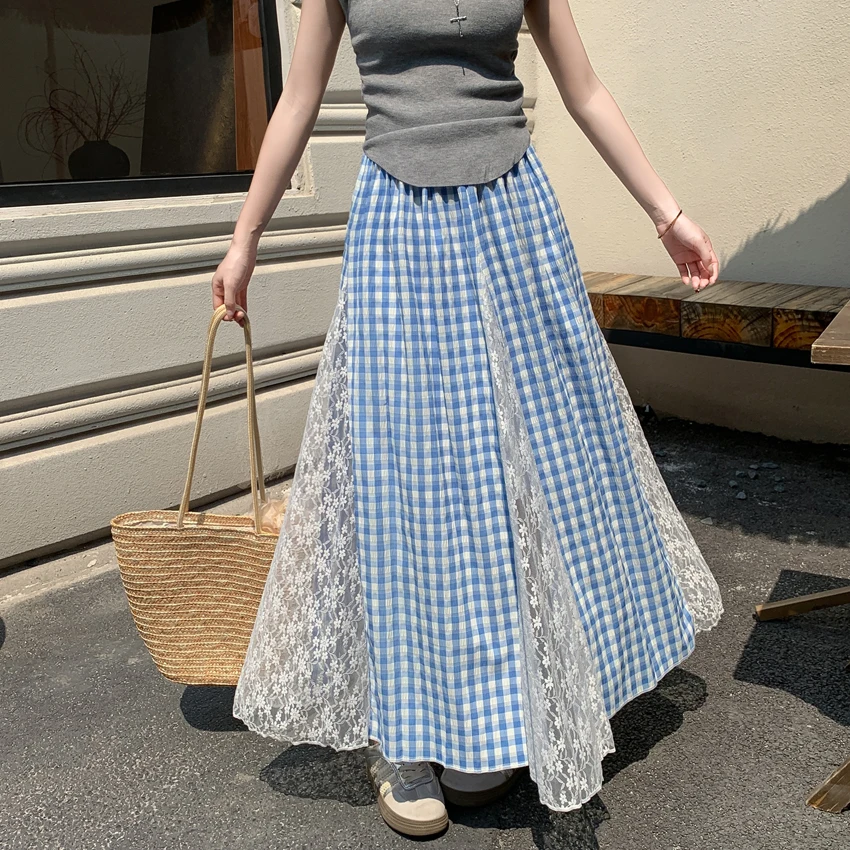 

Кружевная лоскутная клетчатая повседневная базовая длинная юбка женская корейская мода с эластичной резинкой на талии трапециевидной формы элегантные праздничные вечерние юбки летняя новинка