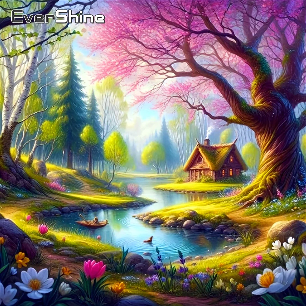 Evershine Diamantmalerei Landschaft 5D Vollbohr-Stickerei Baum Strass-Bild Mosaik Haus Wandkunst